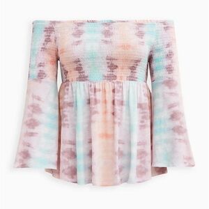 Torrid NWT Tie-Dye Knit Smocked Off-Shoulder Bell Sleeve Top